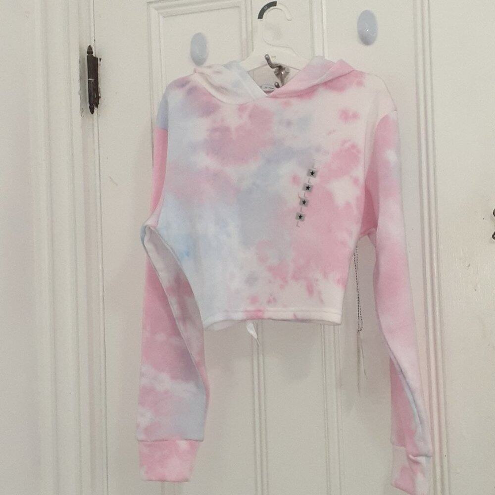 Pink / Blue Tie Dye Lace Up Back Hooded Cropped Sweater